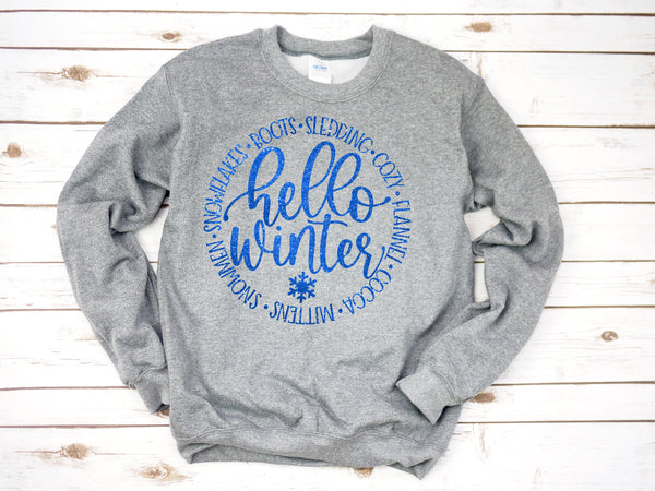 Glittery Hello winter HIGH HEAT screen print transfer