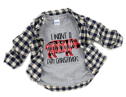 YOUTH BUFFALO PLAID  I want a Hippopotamus for Christmas HIGH HEAT screen print transfer