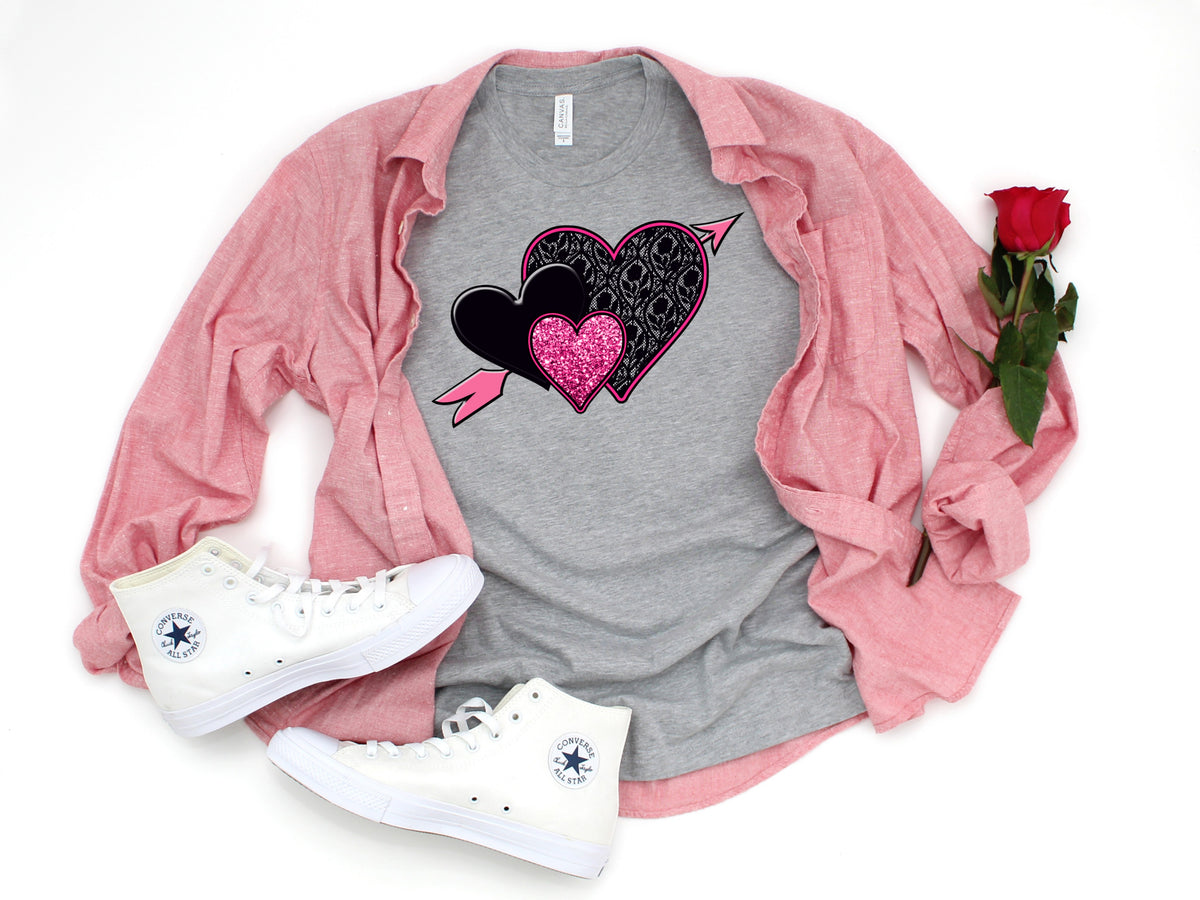 Triple hearts black/pink lace HIGH HEAT screen print transfer
