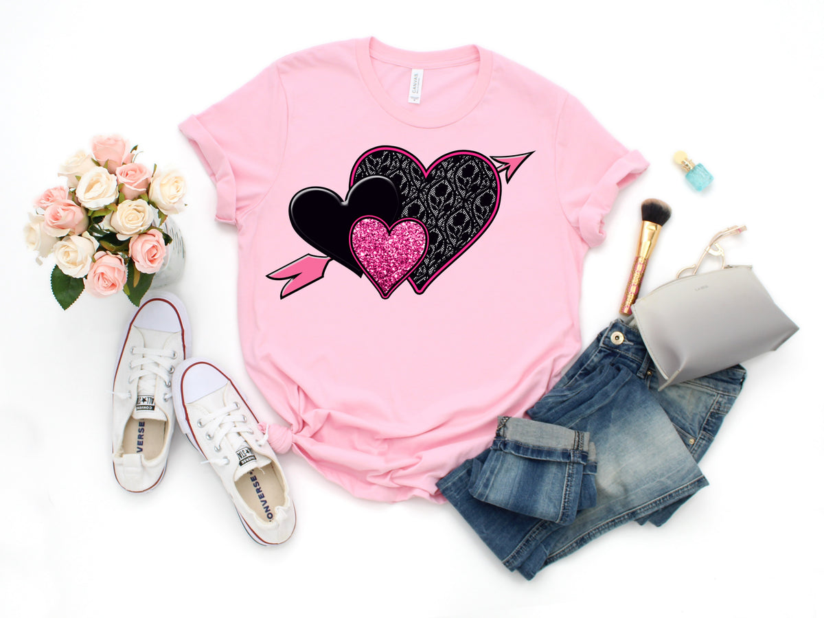 Triple hearts black/pink lace HIGH HEAT screen print transfer