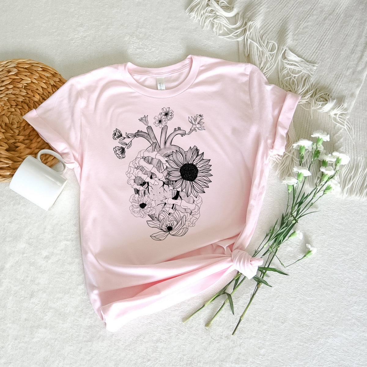 Heart with skull hands and flowers BLACK screen print transfer