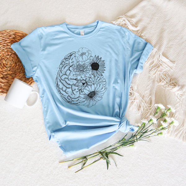 Brain with flowers BLACK screen print transfer