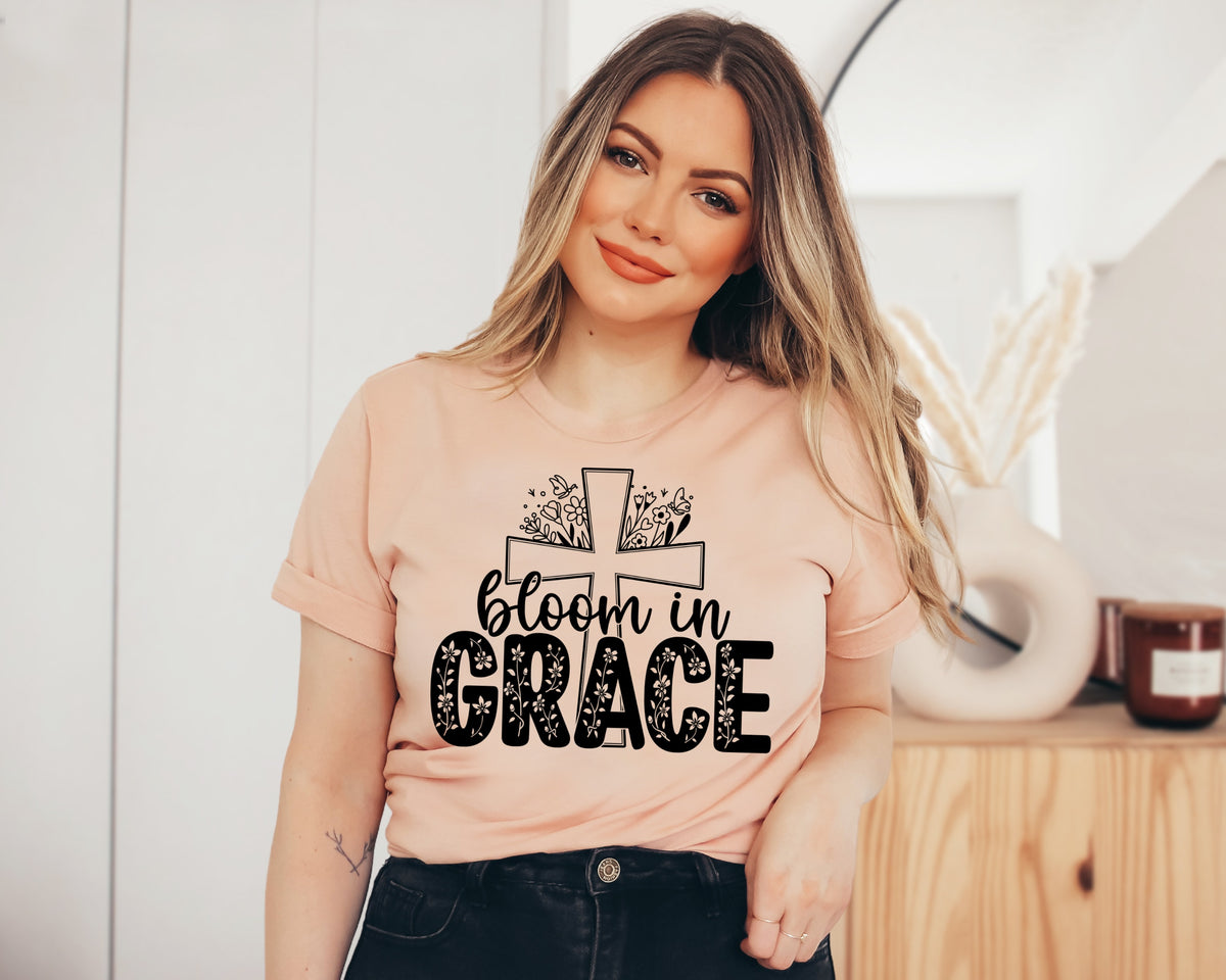 Bloom in Grace (cross and flowers) BLACK screen print transfer