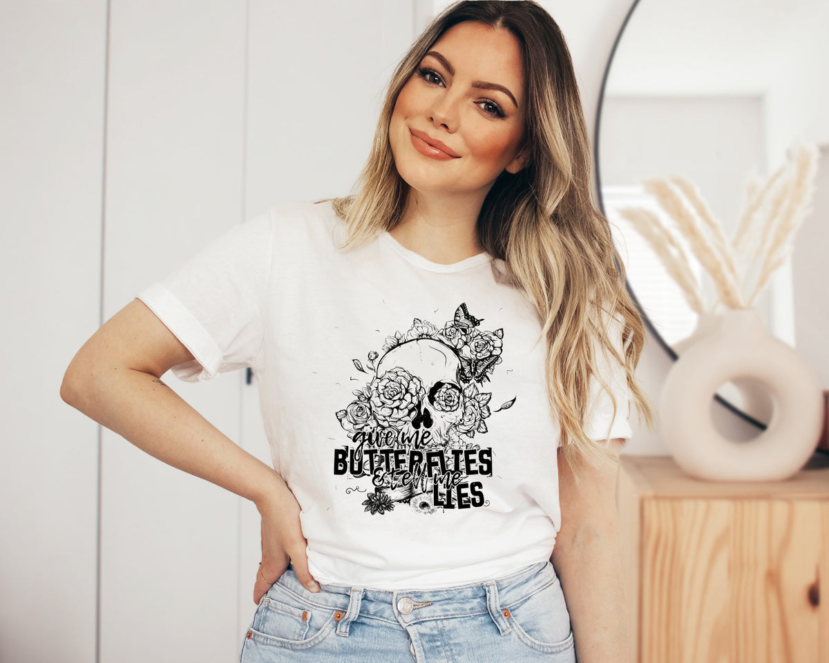 Give me butterflies and tell me lies skull BLACK screen print transfer