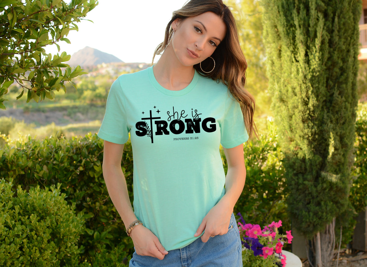She is strong (cross) proverbs 31:25 BLACK screen print transfer