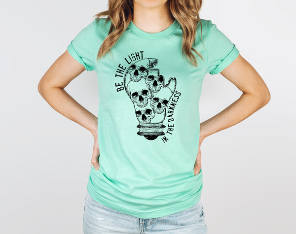Be the light in the darkness light bulb with skellies BLACK screen print transfer