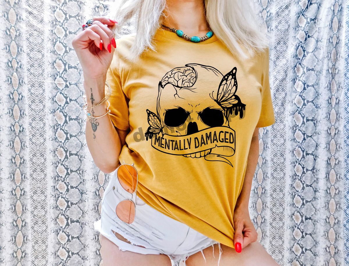 Mentally damaged skull with butterfly BLACK screen print transfer