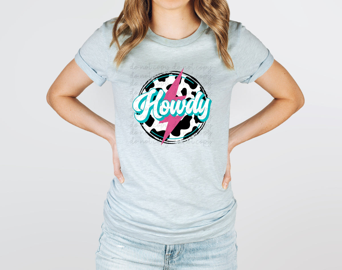Howdy cowhide circle with lightning bolt 112102 DTF TRANSFER