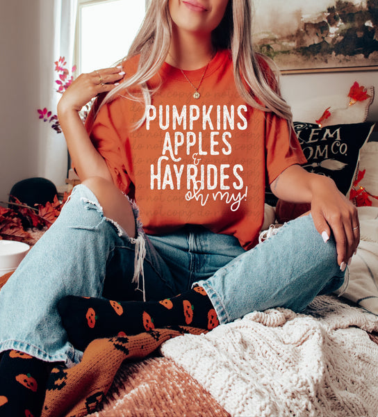 Pumpkins apples & hayrides oh my! WHITE screen print trasnfer