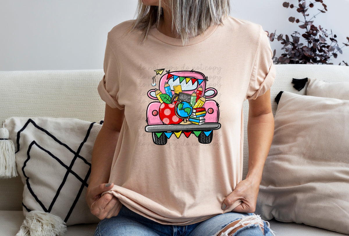Pink school truck (school items)DTF TRANSFER