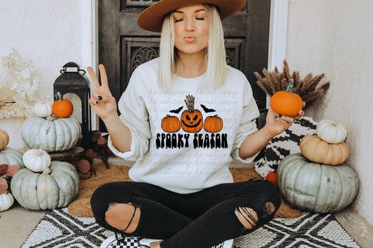 Spooky season (3 pumpkins and skellie hand) DTF TRANSFER