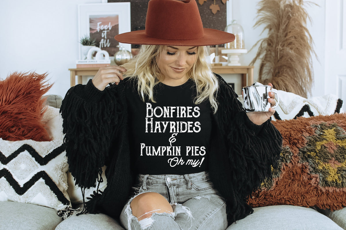 Bonfires hayrides & pumpkin pies Oh My! WHITE screen print transfer