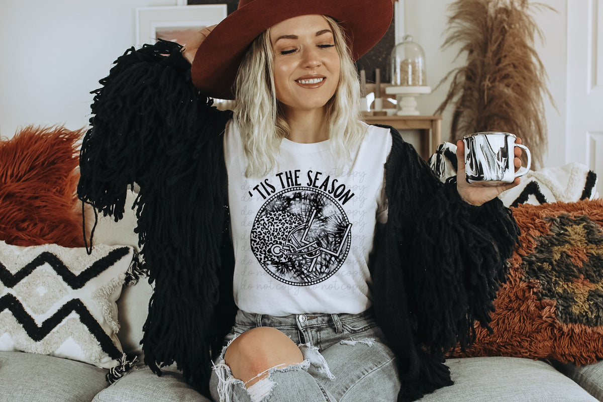 Tis the season (football helmet/goal/leopard) BLACK screen print transfer