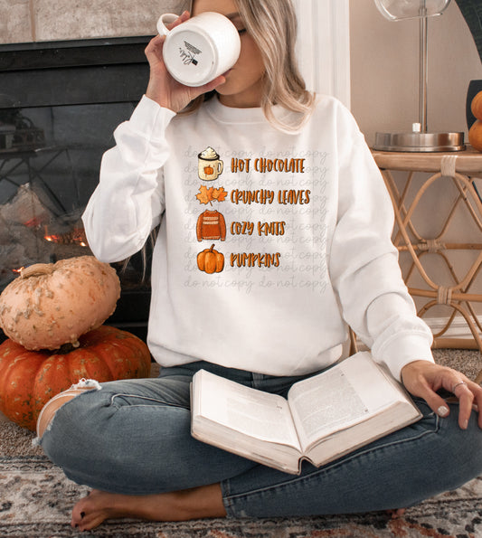 Hot chocolate crunchy leaves cozy knits pumpkins DTF TRANSFER