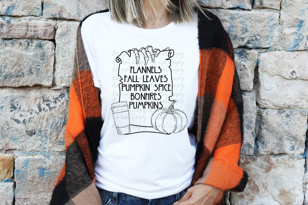 Flannels fall leaces pumpkin spice bonfires pumpkins (skull hand w8th paper/cup/pumpkin) BLACK screen print transfer