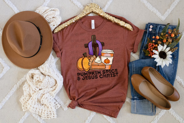 Pumpkin spice and Jesus Christ (pumpkin/pie/latte/cross) DTF TRANSFER