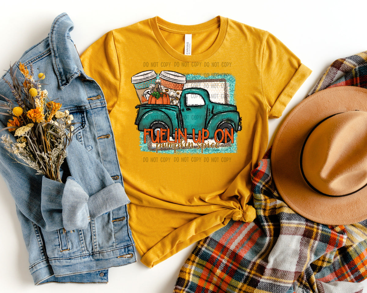 Fuelin up on pumpkin spice (blue truck) 112156 DTF TRANSFER