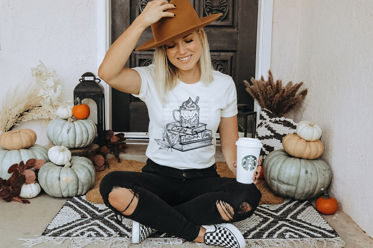 Cozy autumn vibes (books & cup) screen print transfer