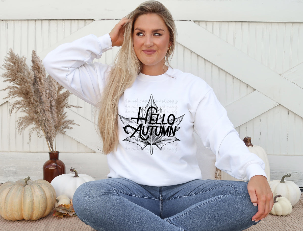 Hello Autumn leaf BLACK screen print transfer