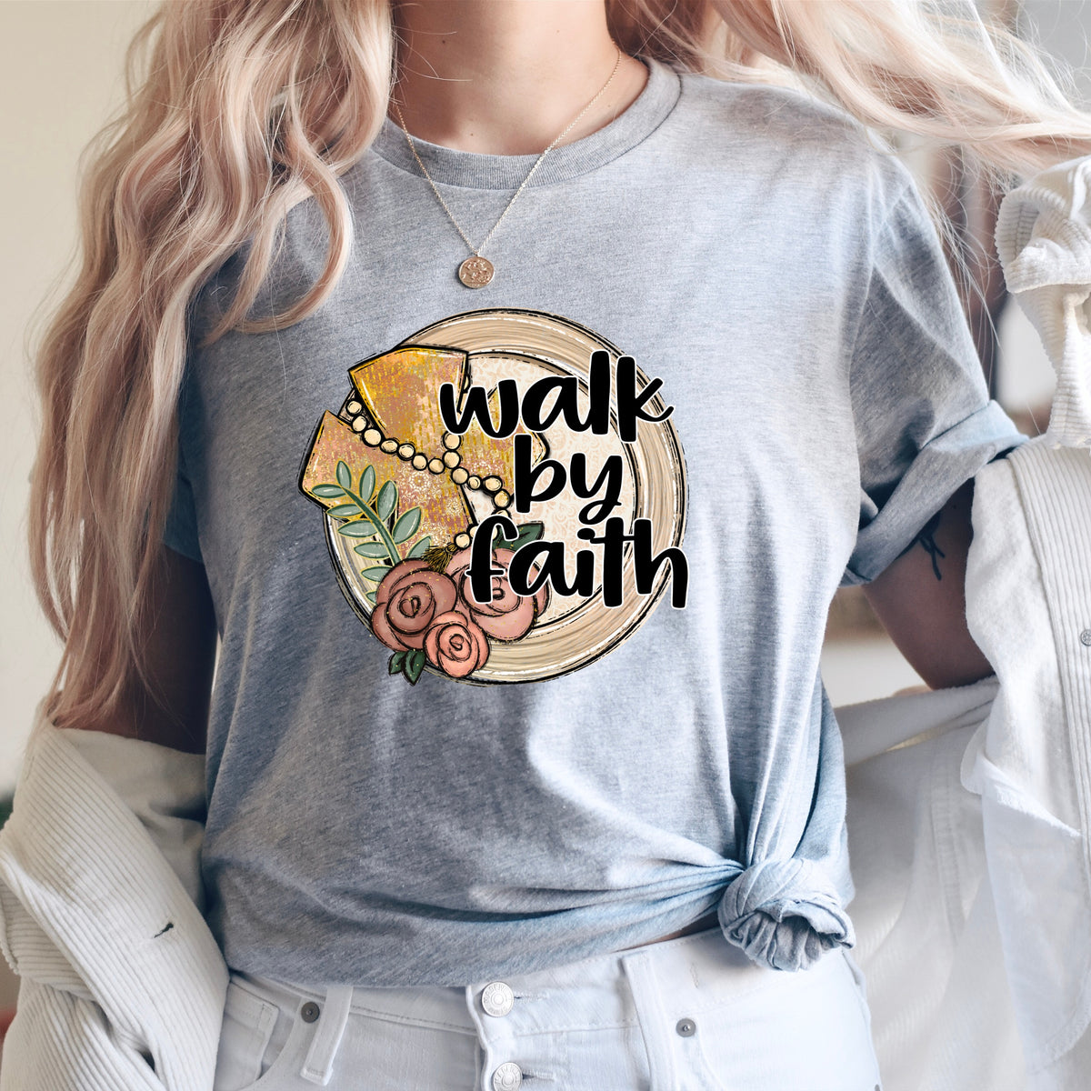 Walk by faith circle with cross and flowers 112216 DTF TRANSFER