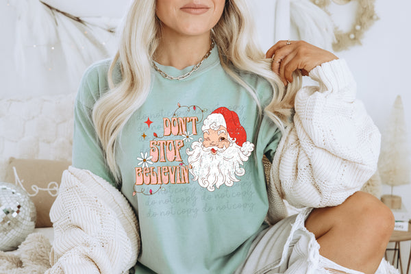 Don't stop believin' distressed with santa 8452 DTF TRANSFER