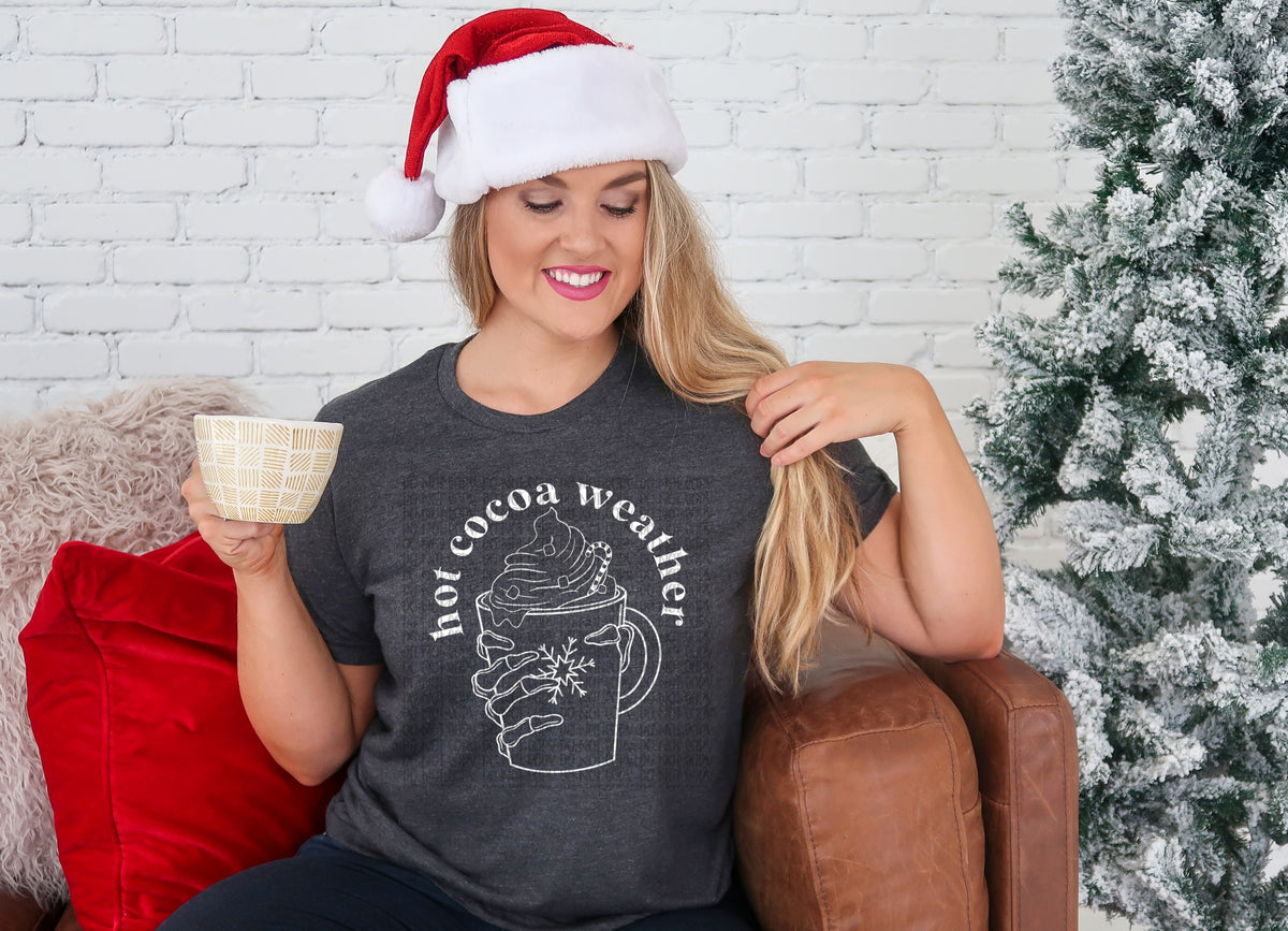 Hot cocoa weather with cup and skull hand WHITE screen print transfer