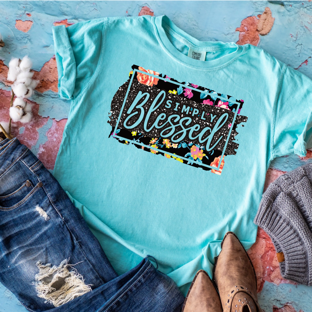 Simply blessed black background DTF TRANSFER