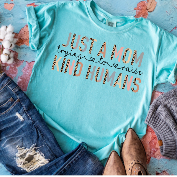 Just a mom trying to raise kind humans boho style colorful/leopard font 5103 DTF TRANSFER