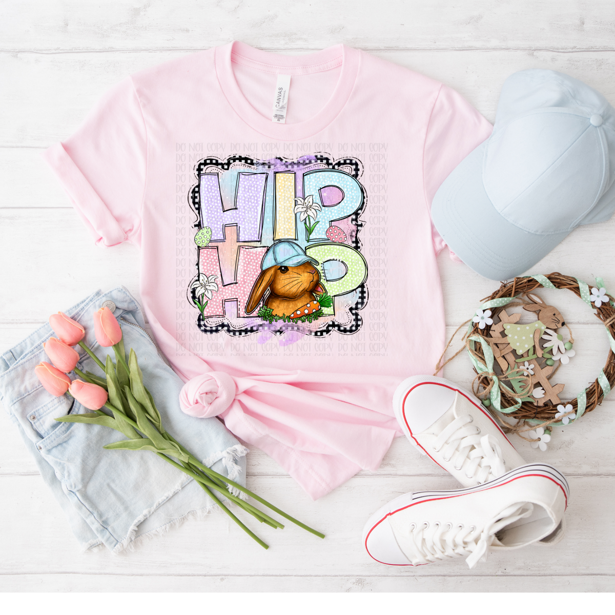 Hip hop (purple pink yellow green with bunny) DTF TRANSFER