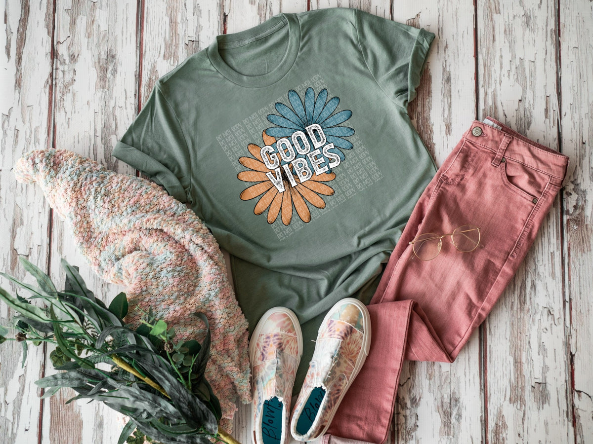 Good vibes orange blue florals DTF TRANSFER