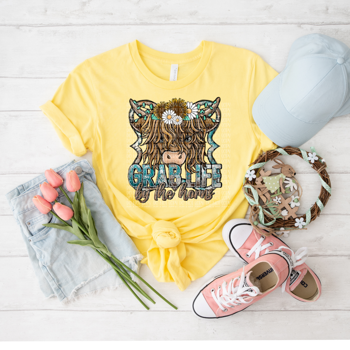 Grab life by the horns shaggy cow DTF TRANSFER