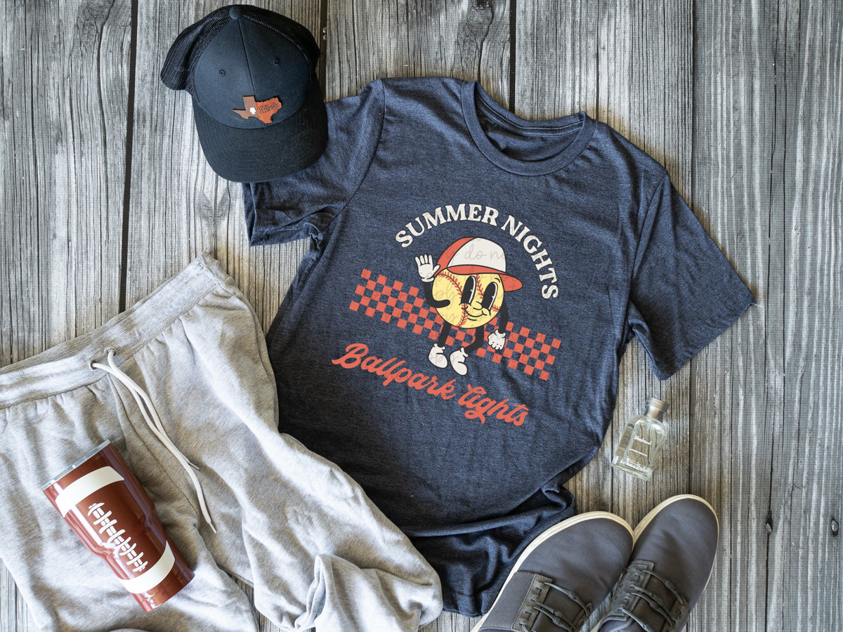 Summer nights ballpark lights YELLOW SOFTBALL DTF TRANSFER