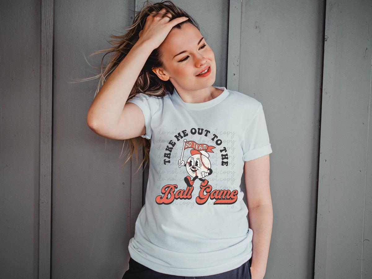 Take me out to the ball game WHITE ball with cap and flag 112191 DTF TRANSFER