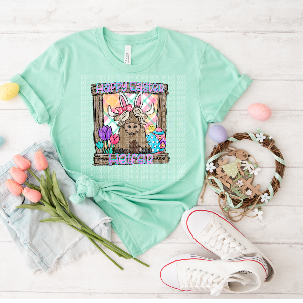 Happy Easter Heifer in frame with bunny ears DTF TRANSFER