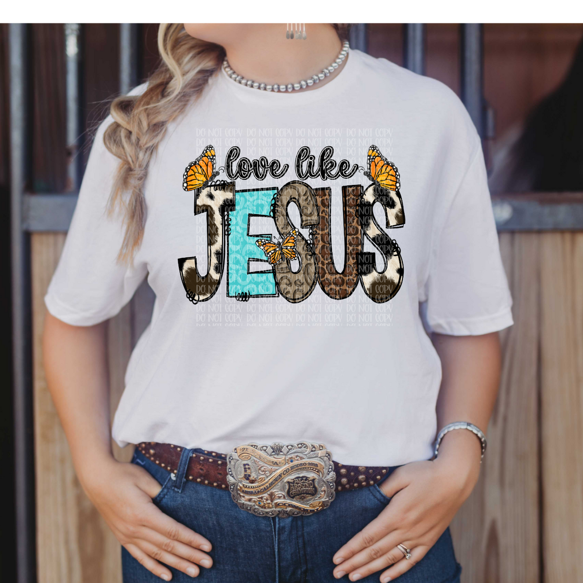 Love like Jesus cowhide turquoise leopard font butterflies DTF TRANSFER