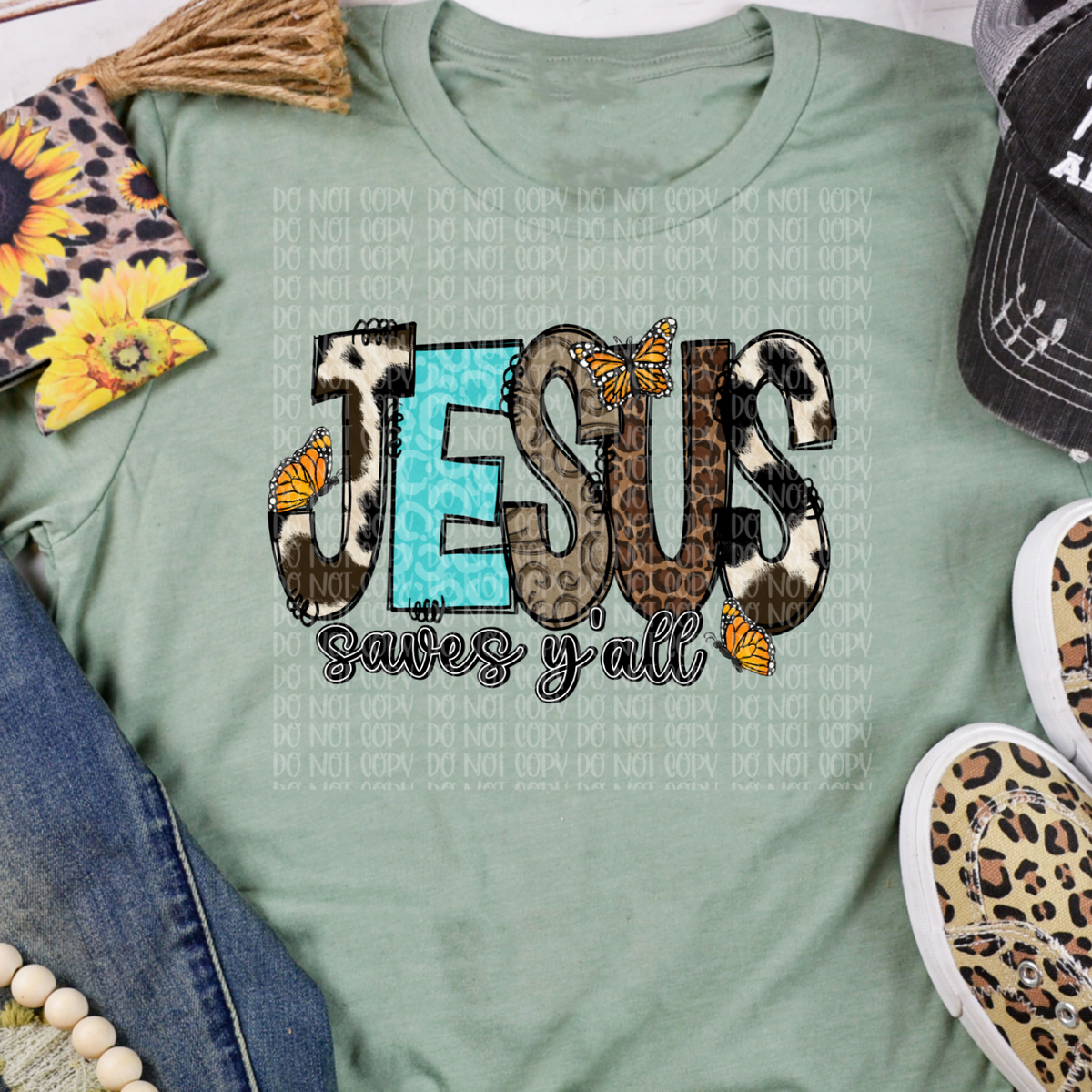 Jesus saves y'all cowhide turquoise leopard font butterflies DTF TRANSFER