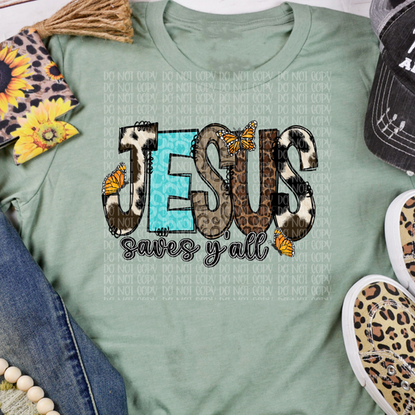 Jesus saves y'all cowhide turquoise leopard font butterflies DTF TRANSFER