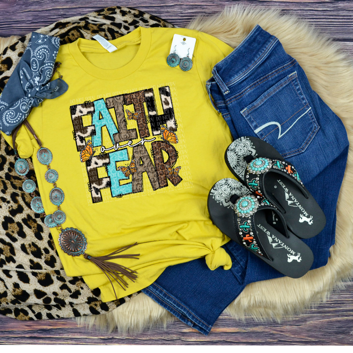 Faith over fear cowhide turquoise leopard font amd butterflies DTF TRANSFER