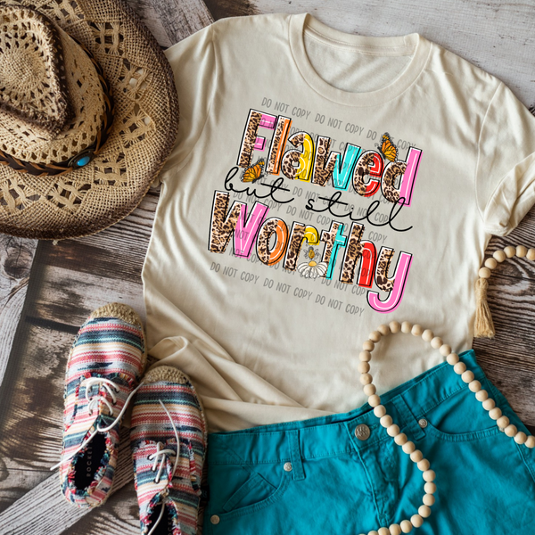 Flawed but still worthy boho leopard/colorful font DTF TRANSFER