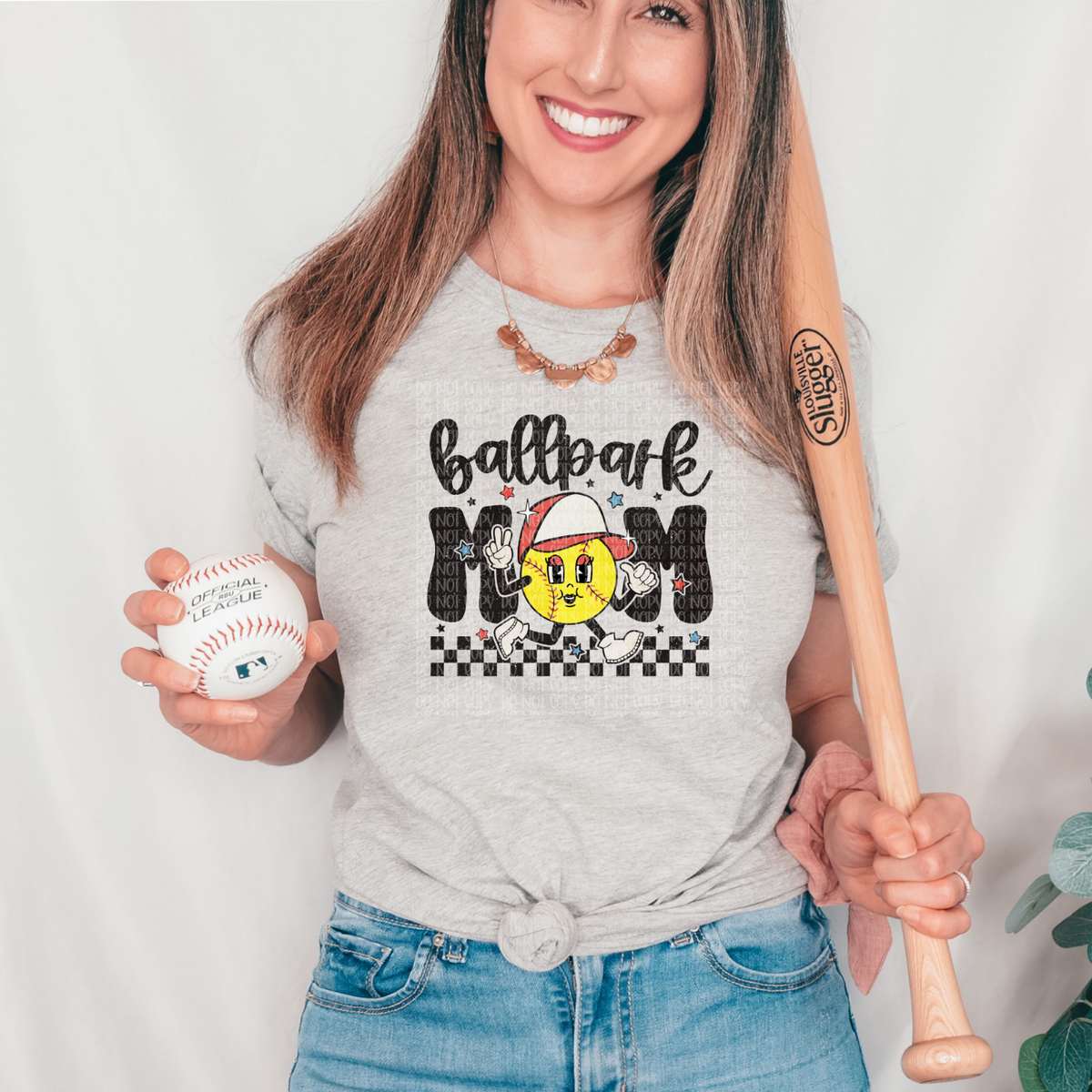 Ballpark mom with yellow ball (softball checkered) DTF transfer