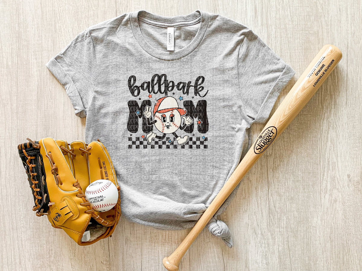 Ballpark mom with white ball (baseball) checkered DTF transfer