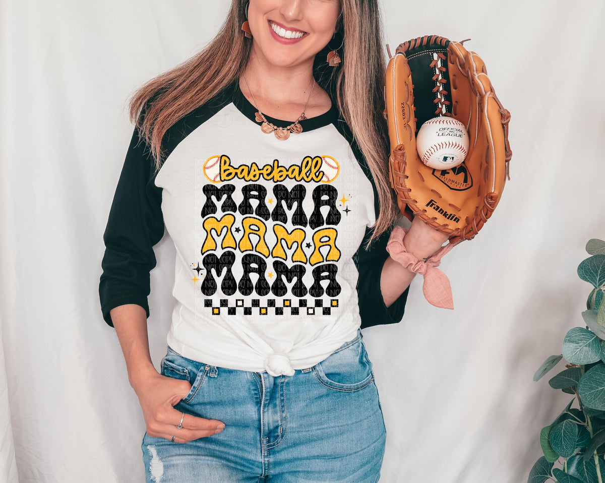 Baseball mama stacked (yellow and black font checkered) DTF transfer