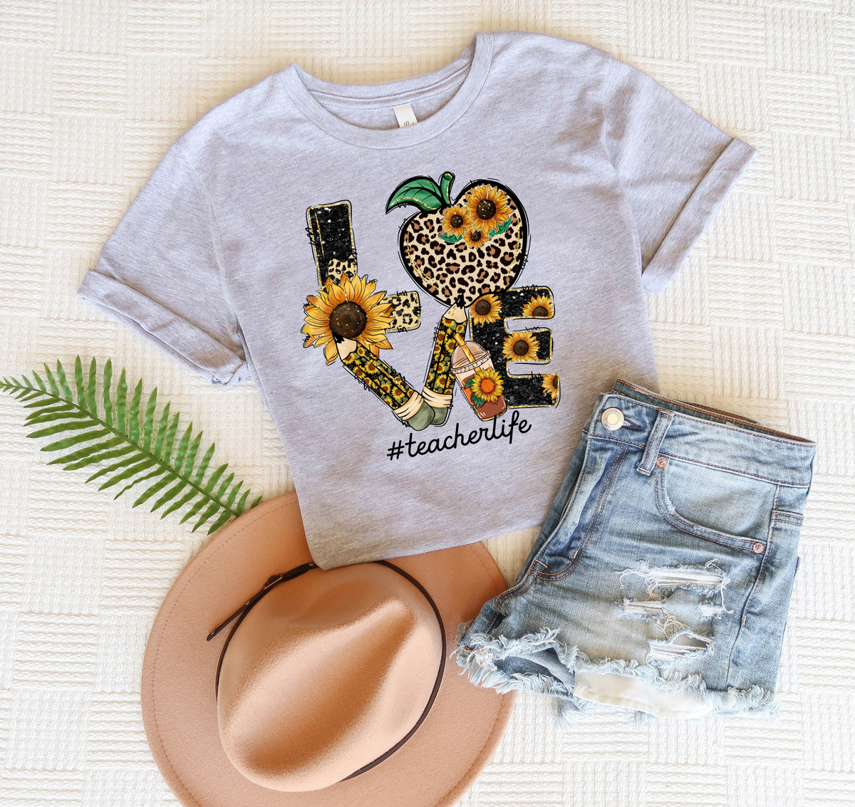 Love teacher life with leopard apple pencils and sunflowers 095 DTF transfer