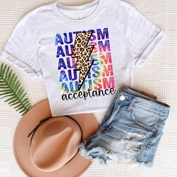 Autism acceptance STACKED rainbow colore leopard bolt DTF transfer