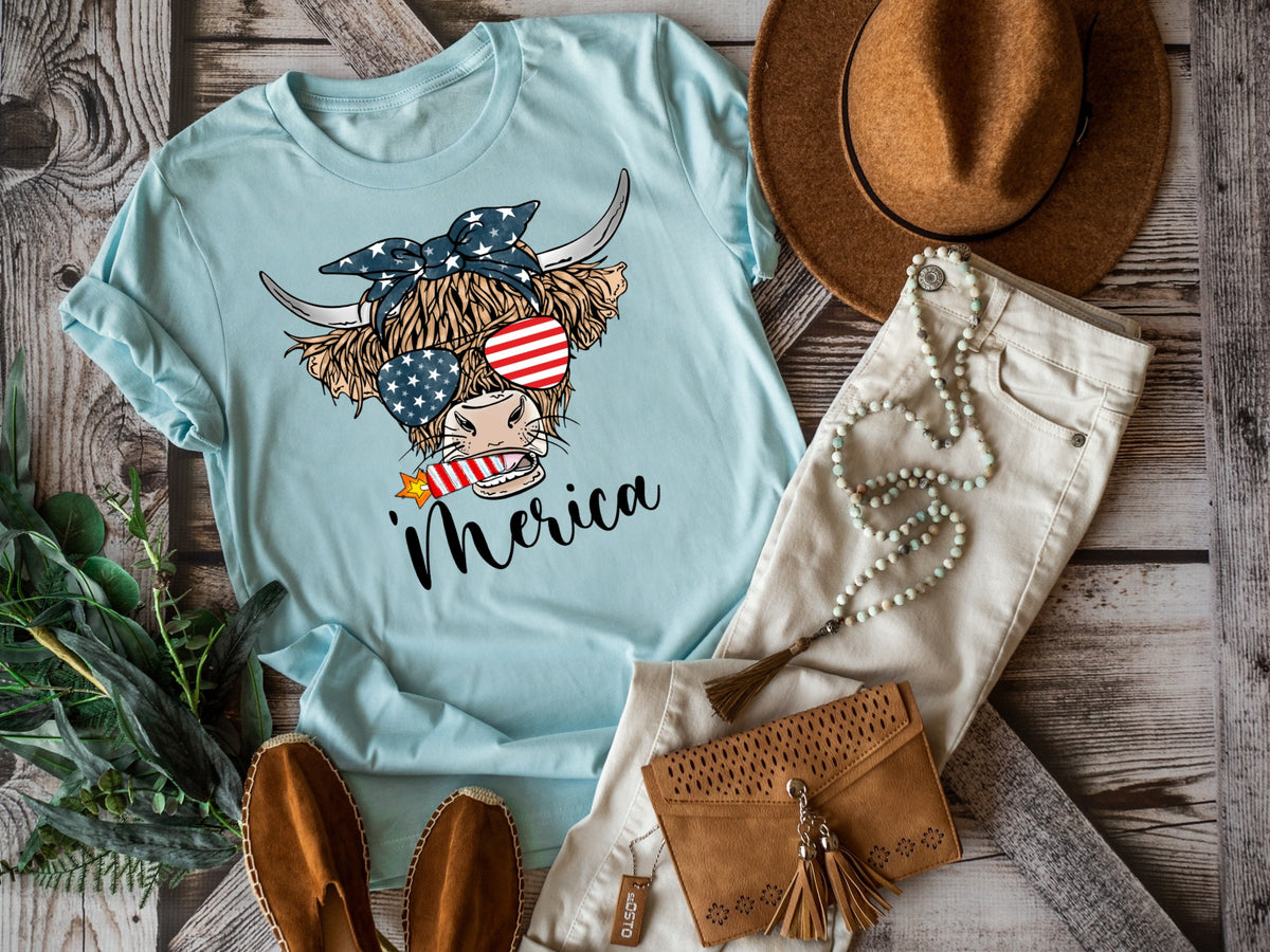 'Merica Patriotic Shaggy Cow 014 DTF TRANSFER