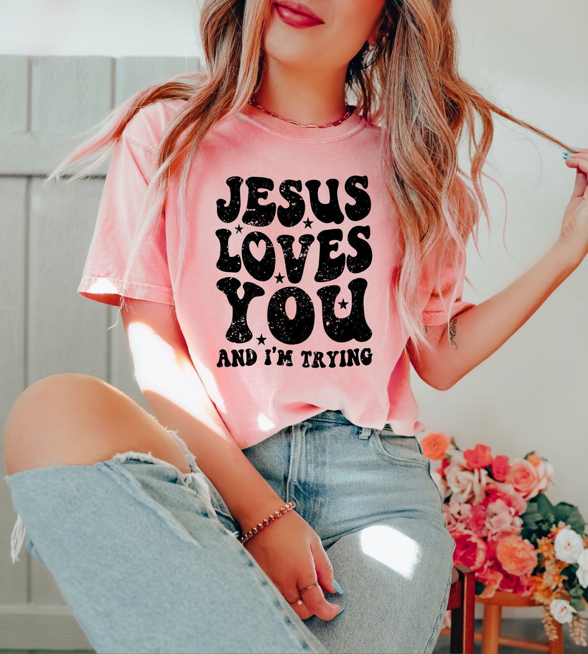 Jesus loves you and I'm trying BLACK DTF Transfer