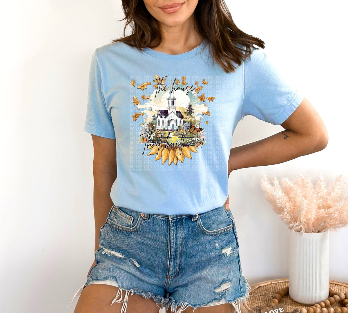 The House that built me half sunflower butterflies flying with white church DTF Transfer