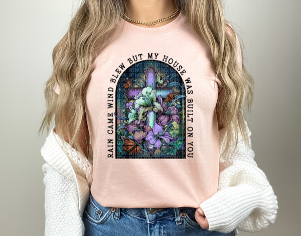 Rain came wind blew but my house was built on you purple cross colorful florals DTF TRANSFER