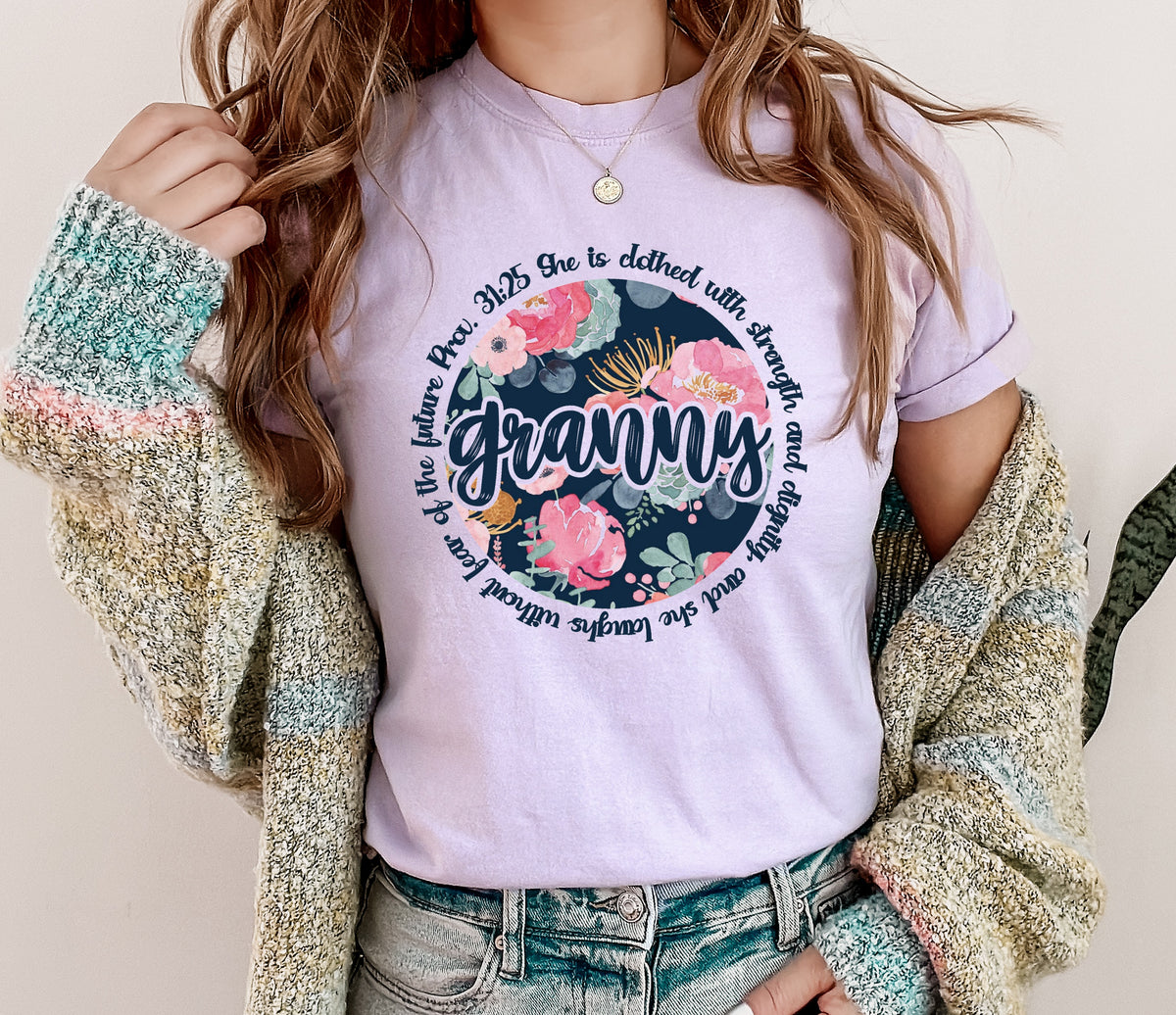 GRANNY floral circle she is clothed with strength DTF transfer