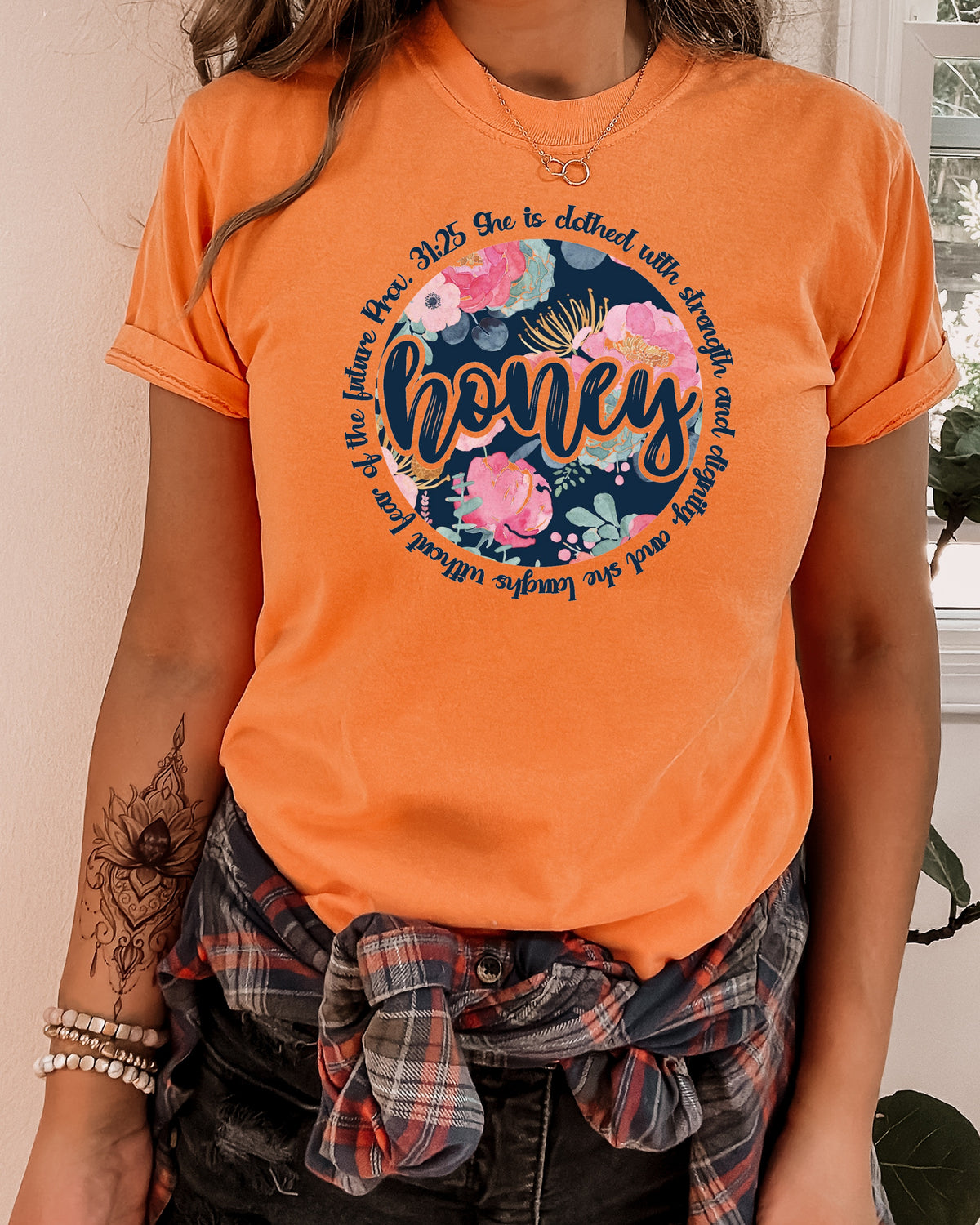 HONEY floral circle she is clothed with strength DTF transfer